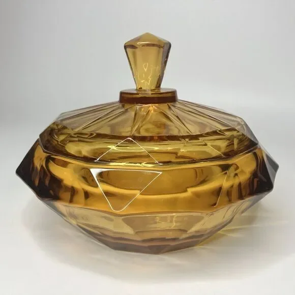 VTG Viking Amber Glass Covered Candy Dish Bowl Lid Diamond Point 7.5" - Picture 2 of 12